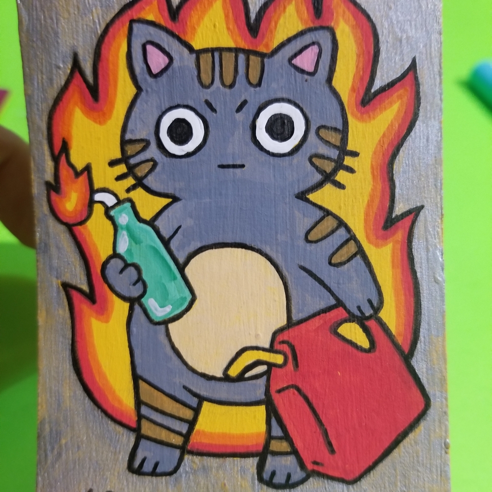 Gray Cat Art Card with Red and Yellow Flames